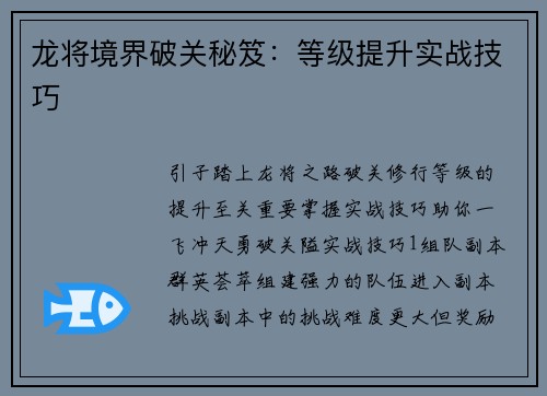 龙将境界破关秘笈：等级提升实战技巧